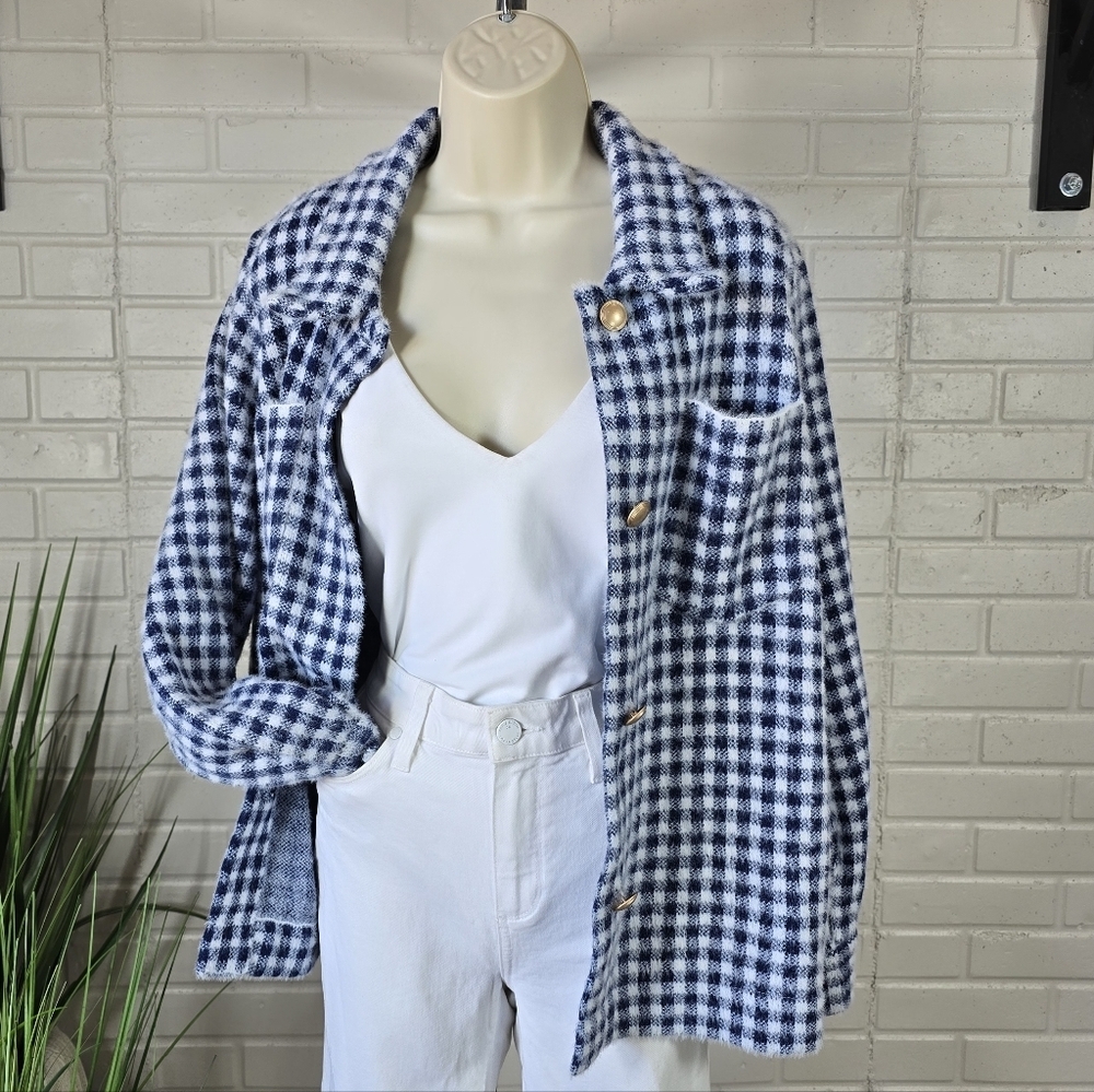 Max Studio Blue and White Checkered Fuzzy Button Up Sweater Jacket Large